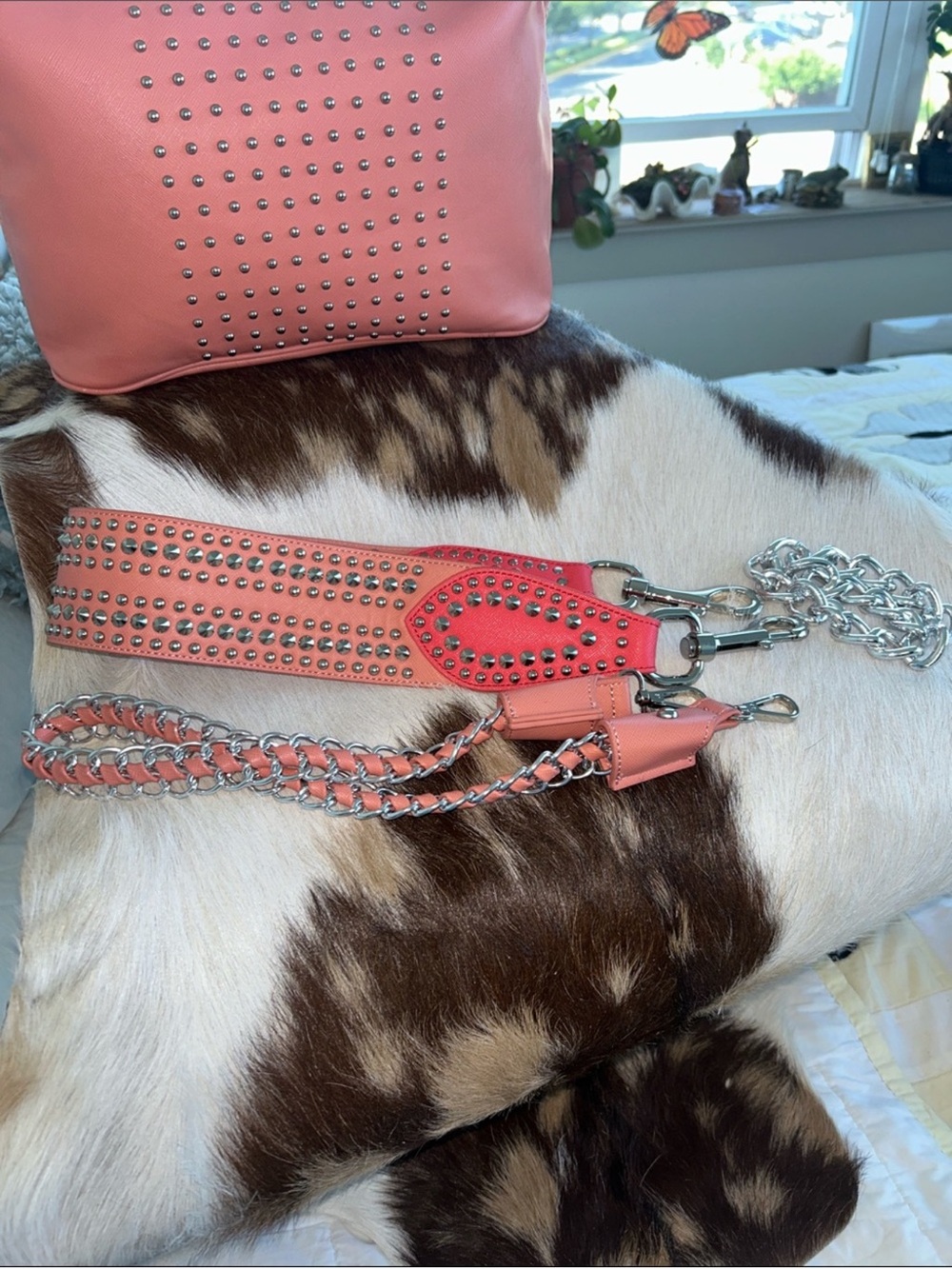 Sharif NWT Coral Pink Studded Tote with Leather Studded Strap and Chain Straps - Picture 11 of 12